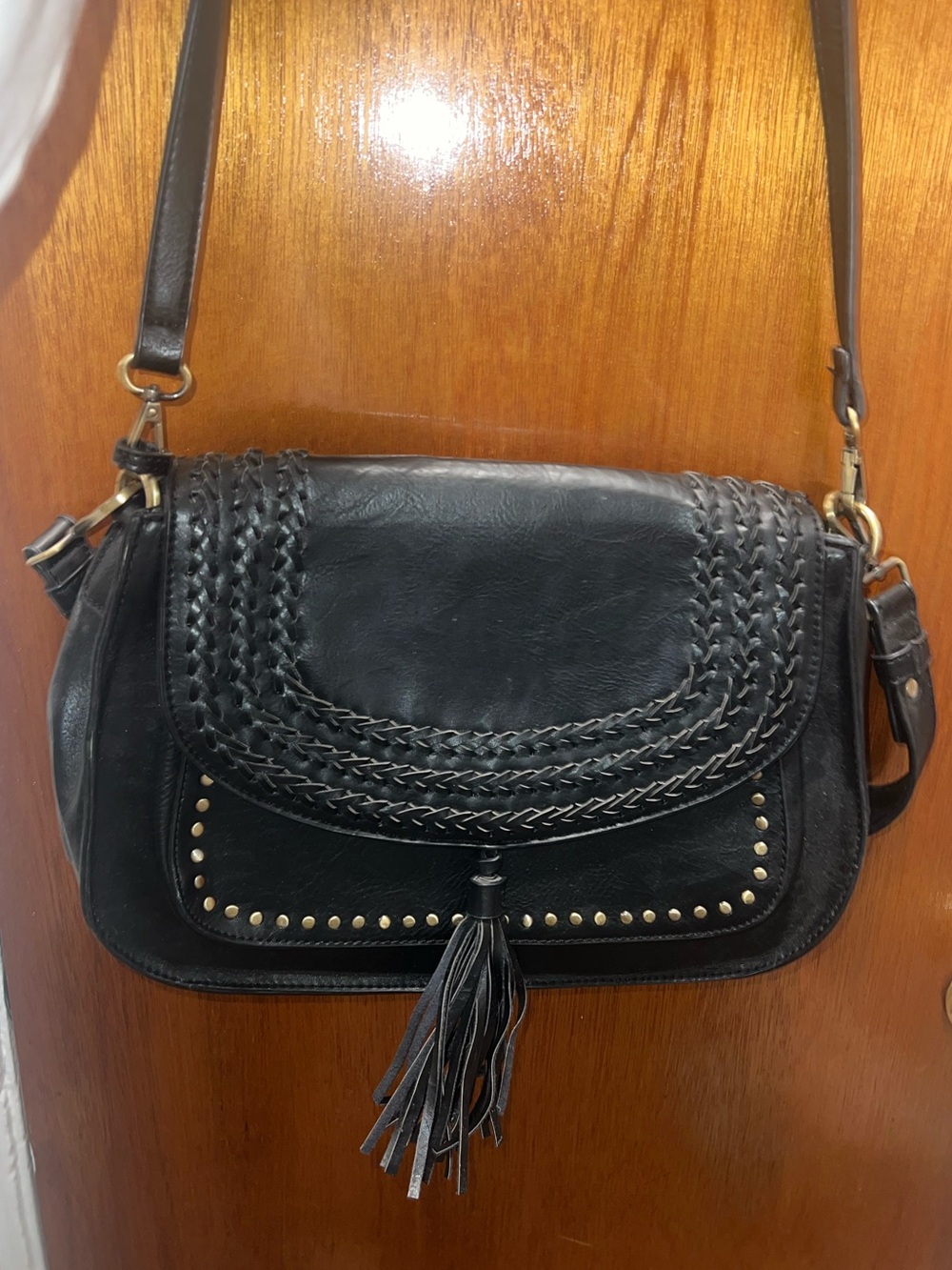 Antik Kraft Black Braided Leather Crossbody with Tassel